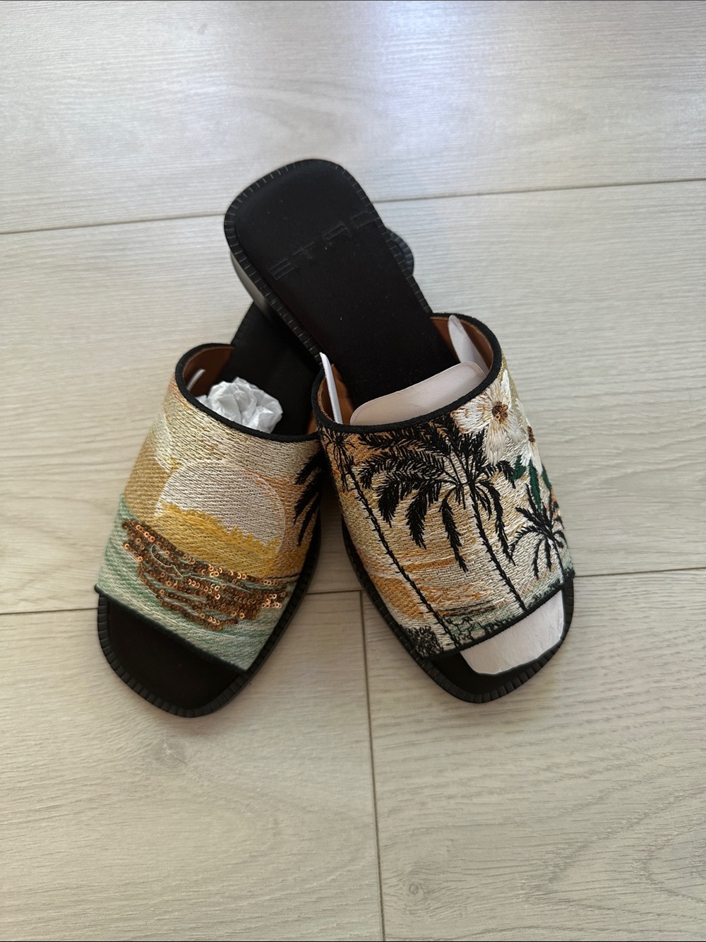 Etro Embroidered Tropical Slide Sandals in Gold, Green, Black